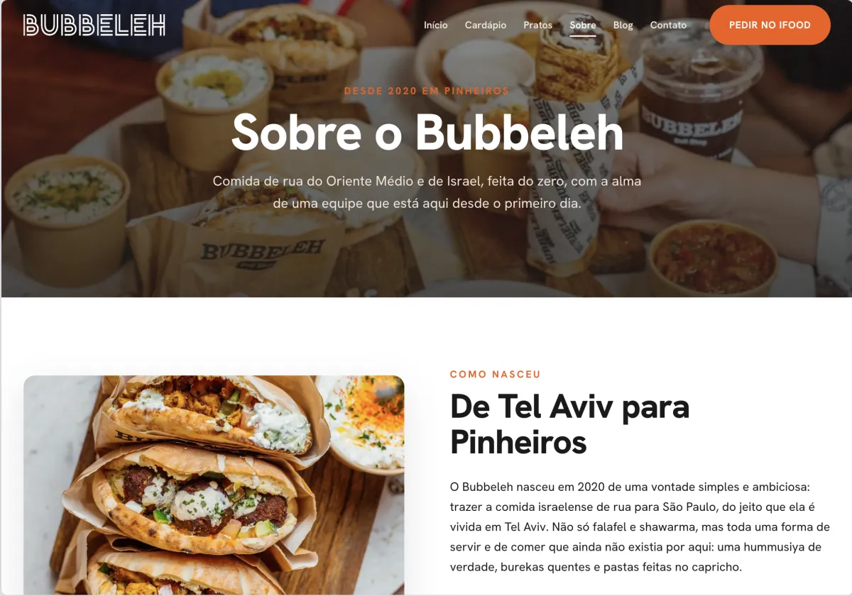 The Sobre o Bubbeleh page: a hero over a table of food and the De Tel Aviv para Pinheiros origin story.