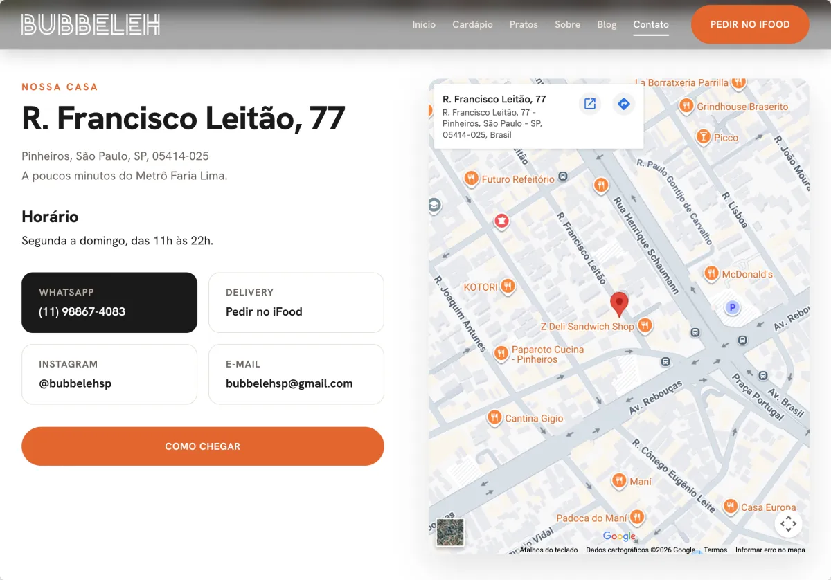 The contact page: the address in Pinheiros, opening hours, WhatsApp and iFood, and an embedded map.