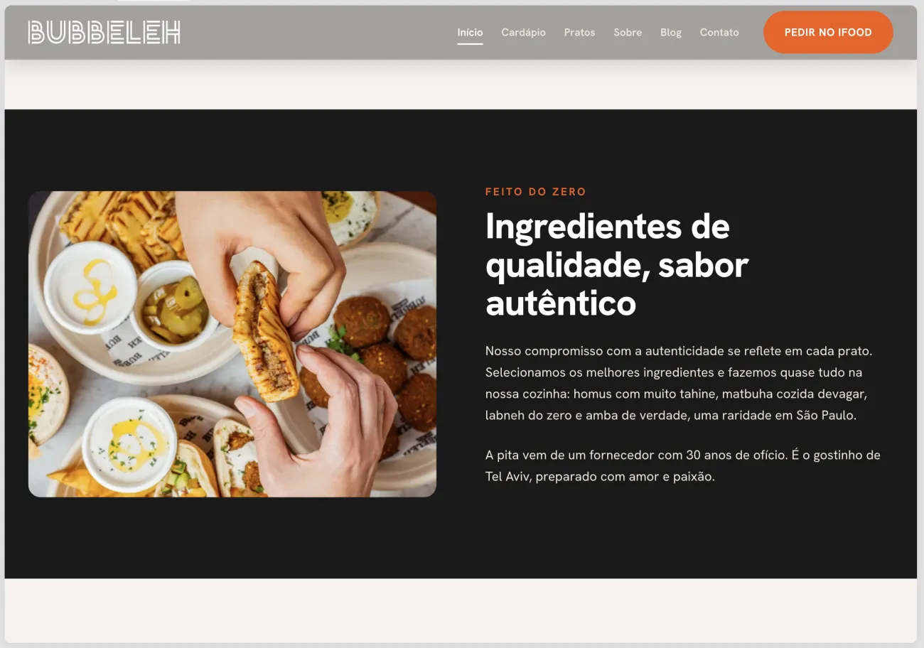 A dark section, Ingredientes de qualidade sabor autentico, over a photo of hands sharing plates of food.