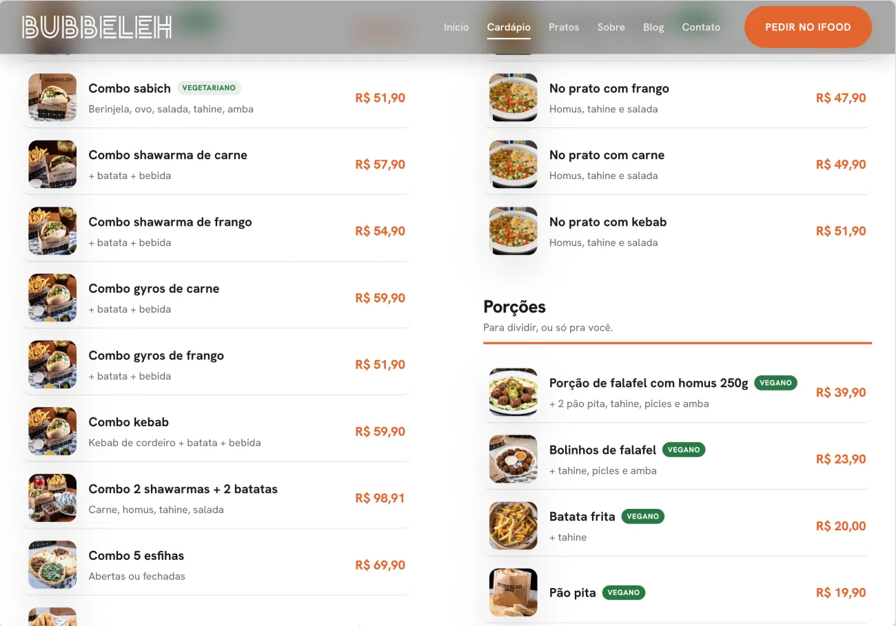 The full Bubbeleh cardapio page: a two-column list of combos and plates with prices, plus a Porcoes section.