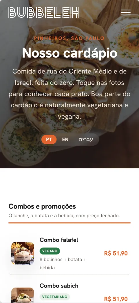 The Bubbeleh cardapio on a phone: a scrollable list of combos and plates with prices.