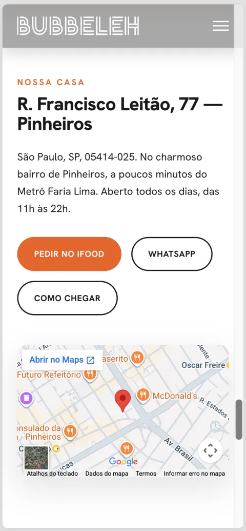 The contact page on a phone: the address in Pinheiros with an embedded map and directions buttons.