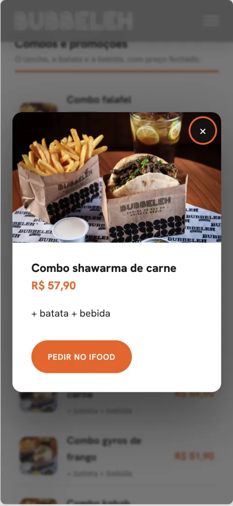 A menu item open on a phone: a photo of the combo shawarma, its price, and a Pedir no iFood button.