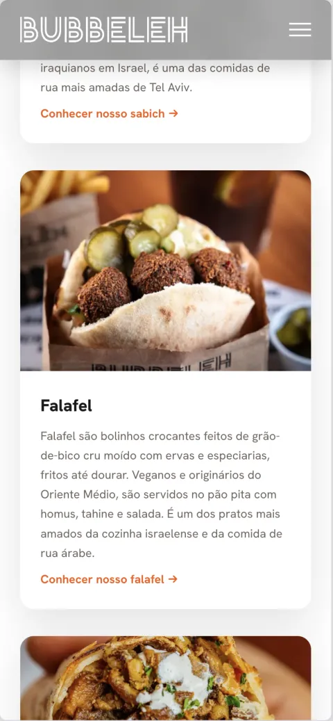 The Pratos page on a phone: falafel and other dishes as full-width cards.