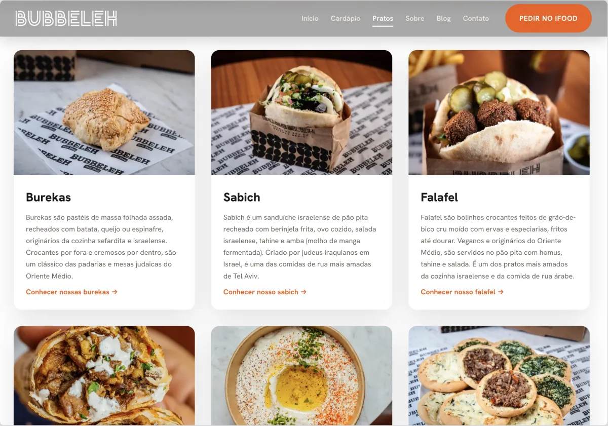 The Bubbeleh dishes page: cards for burekas, sabich, and falafel, each with a photo and a short description.
