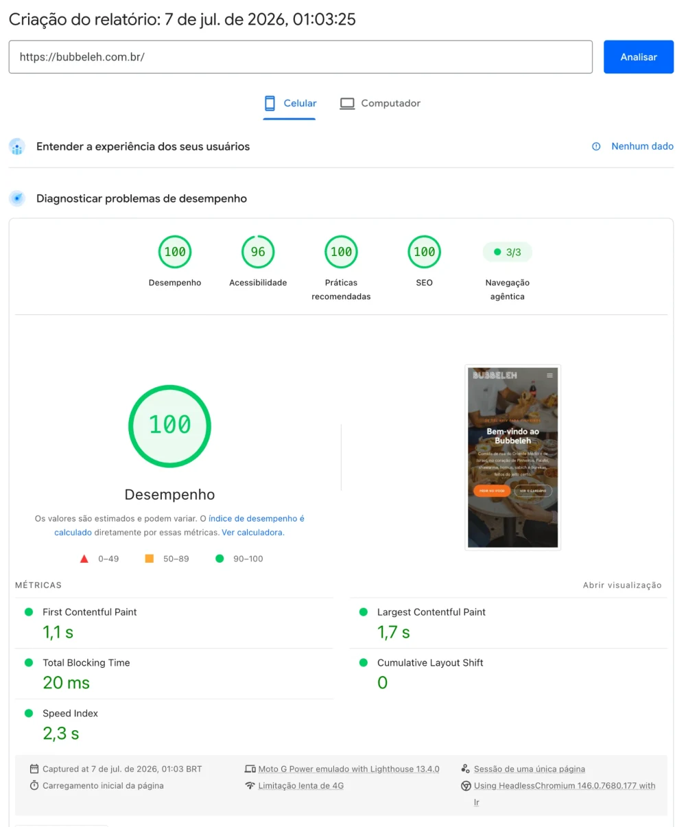Google PageSpeed Insights mobile report for Bubbeleh: 100 performance, 96 accessibility, 100 best practices, 100 SEO, and a Cumulative Layout Shift of 0.