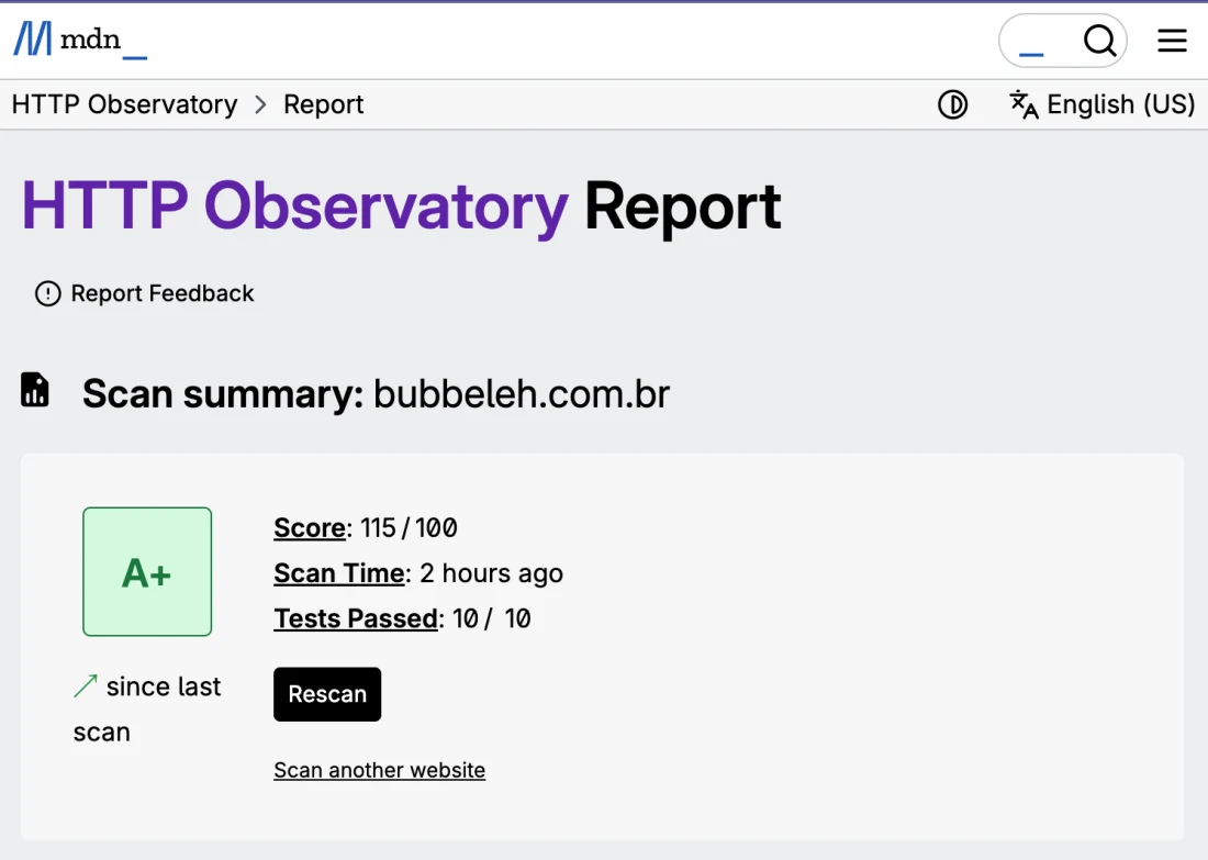 Mozilla HTTP Observatory report for bubbeleh.com.br: score 115 out of 100, grade A+, 10 of 10 tests passed.
